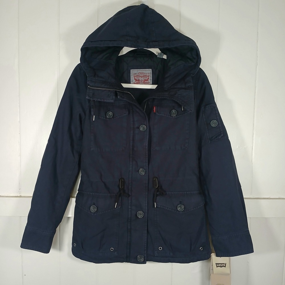 New Levi's Field Jacket Women XS Navy Blue Quilted Lined Hooded Utility LW5RC337